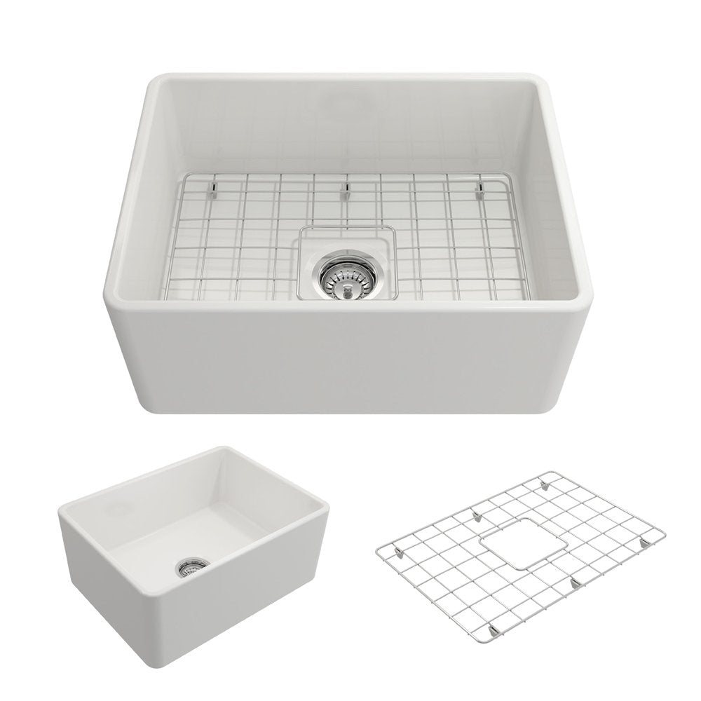 Classico Farmhouse Apron Front Fireclay 24 in. Single Bowl Kitchen Sink with Protective Bottom Grid and Strainer 1137