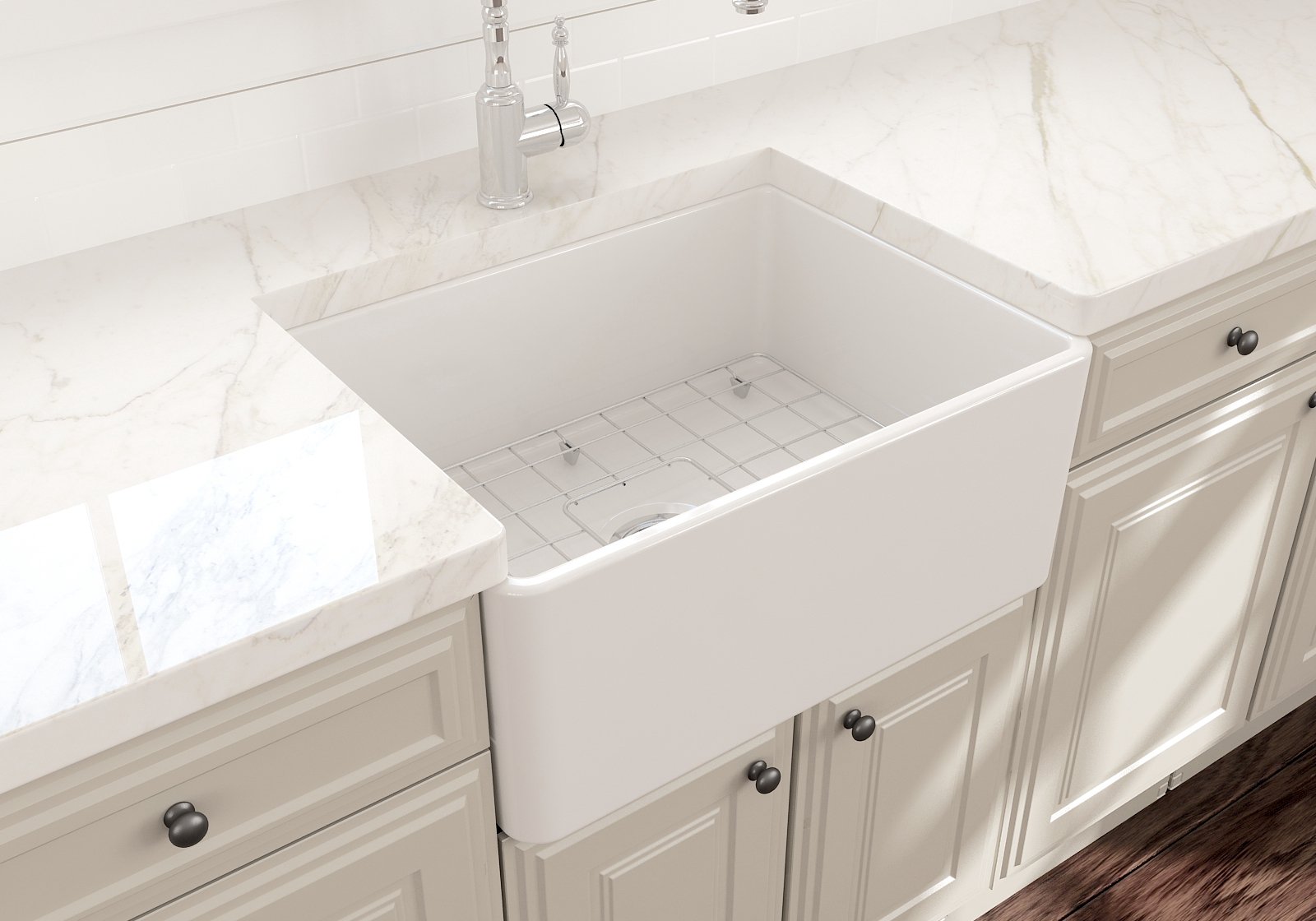 Classico Farmhouse Apron Front Fireclay 24 in. Single Bowl Kitchen Sink with Protective Bottom Grid and Strainer 1137