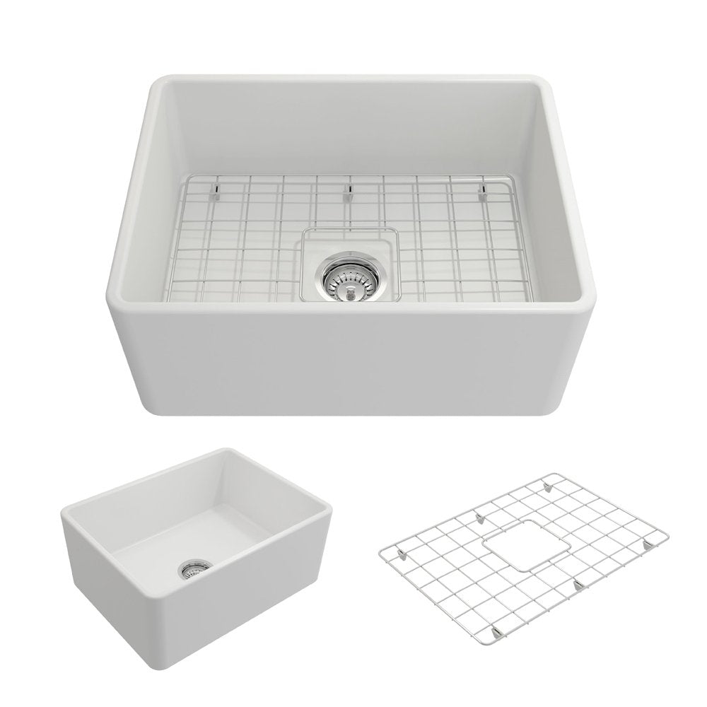 Classico Farmhouse Apron Front Fireclay 24 in. Single Bowl Kitchen Sink with Protective Bottom Grid and Strainer 1137