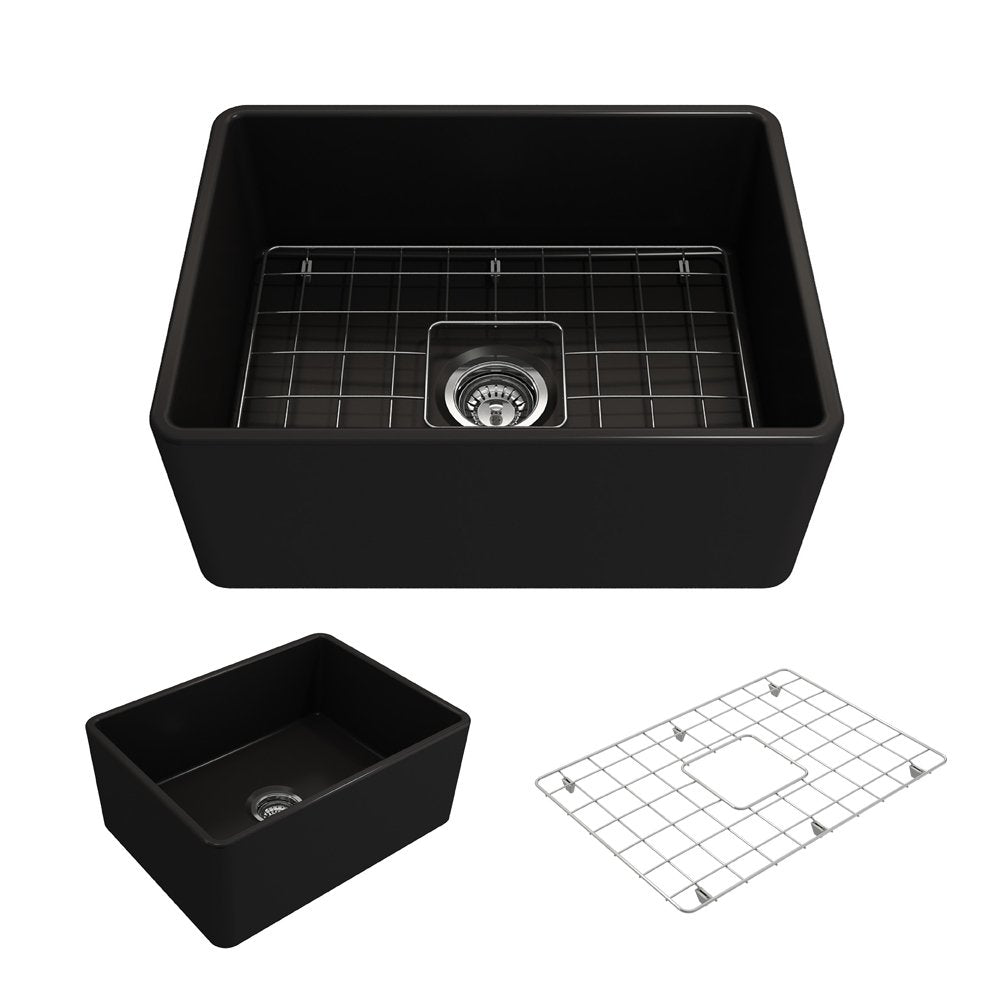 Classico Farmhouse Apron Front Fireclay 24 in. Single Bowl Kitchen Sink with Protective Bottom Grid and Strainer 1137