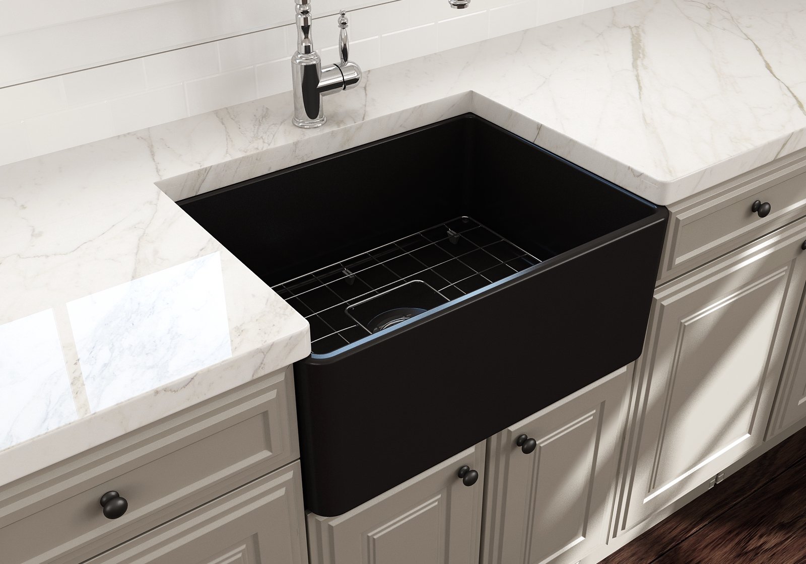 Classico Farmhouse Apron Front Fireclay 24 in. Single Bowl Kitchen Sink with Protective Bottom Grid and Strainer 1137