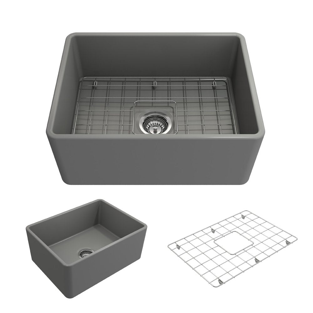 Classico Farmhouse Apron Front Fireclay 24 in. Single Bowl Kitchen Sink with Protective Bottom Grid and Strainer 1137