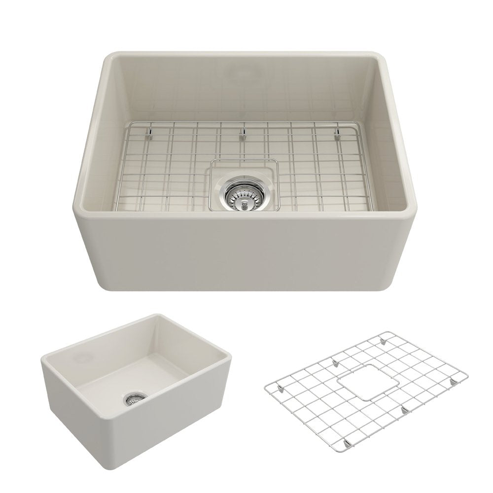 Classico Farmhouse Apron Front Fireclay 24 in. Single Bowl Kitchen Sink with Protective Bottom Grid and Strainer 1137