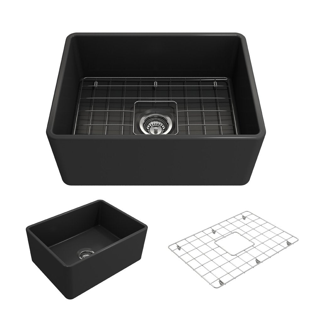 Classico Farmhouse Apron Front Fireclay 24 in. Single Bowl Kitchen Sink with Protective Bottom Grid and Strainer 1137