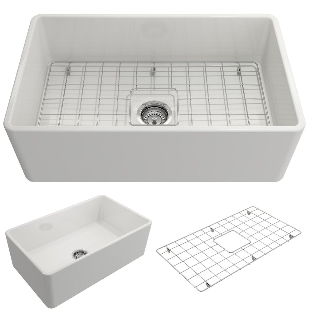 Classico Farmhouse Apron Front Fireclay 30 in. Single Bowl Kitchen Sink with Protective Bottom Grid and Strainer 1138