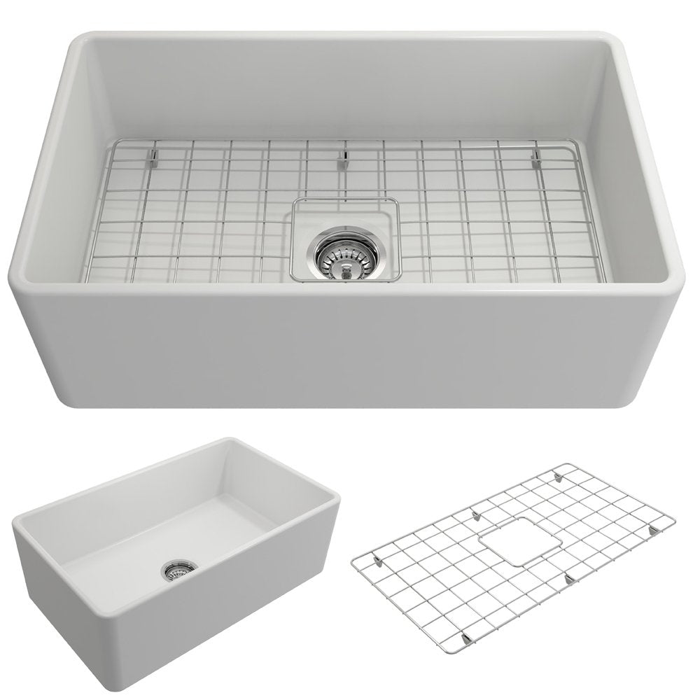 Classico Farmhouse Apron Front Fireclay 30 in. Single Bowl Kitchen Sink with Protective Bottom Grid and Strainer 1138