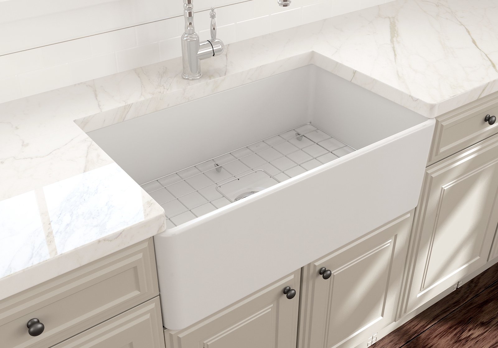 Classico Farmhouse Apron Front Fireclay 30 in. Single Bowl Kitchen Sink with Protective Bottom Grid and Strainer 1138