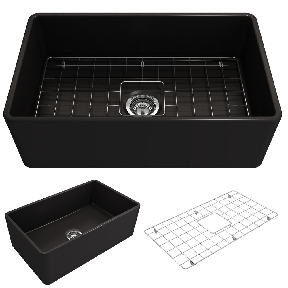 Classico Farmhouse Apron Front Fireclay 30 in. Single Bowl Kitchen Sink with Protective Bottom Grid and Strainer 1138