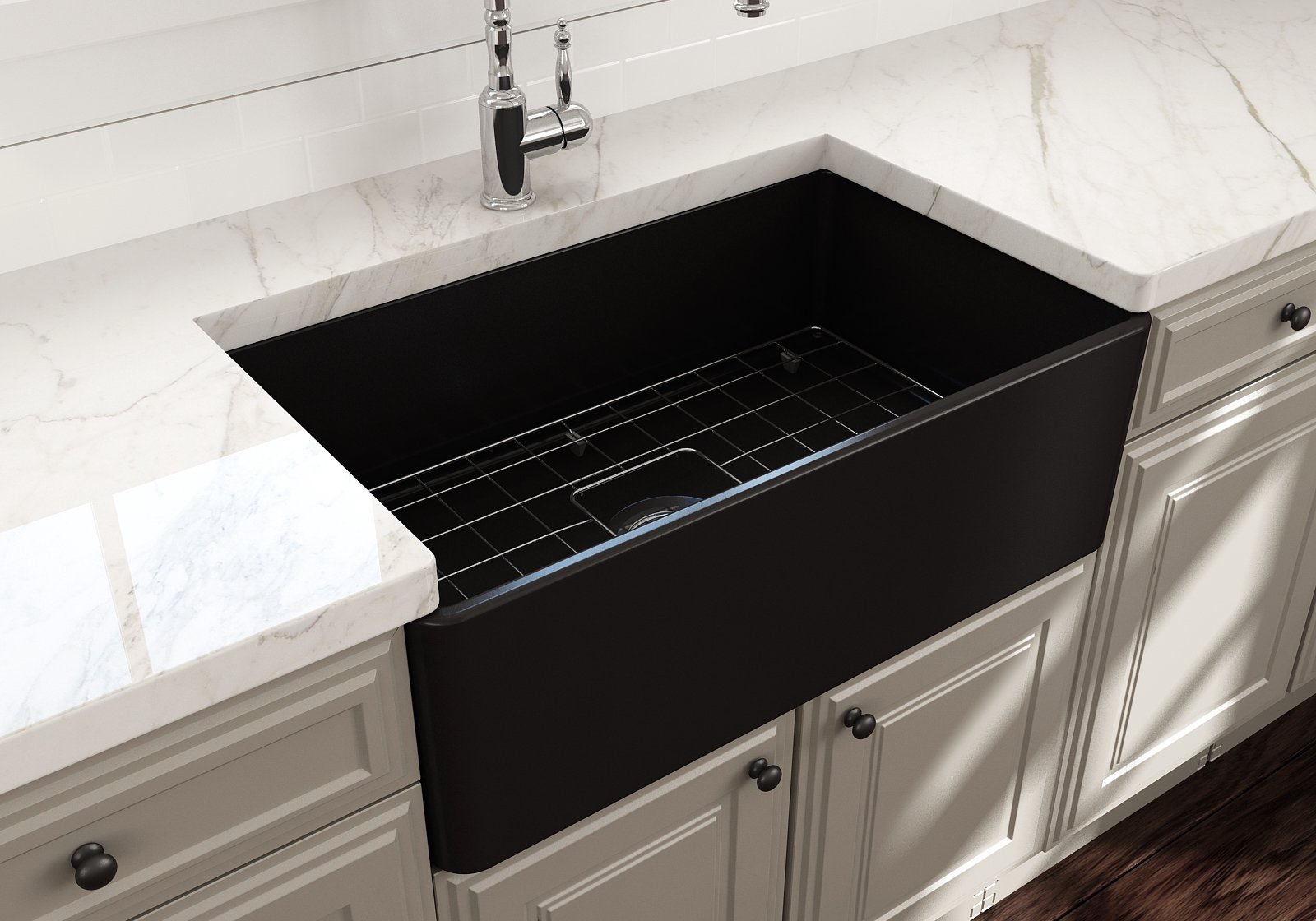 Classico Farmhouse Apron Front Fireclay 30 in. Single Bowl Kitchen Sink with Protective Bottom Grid and Strainer 1138