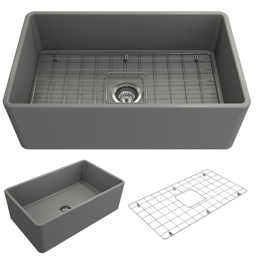 Classico Farmhouse Apron Front Fireclay 30 in. Single Bowl Kitchen Sink with Protective Bottom Grid and Strainer 1138