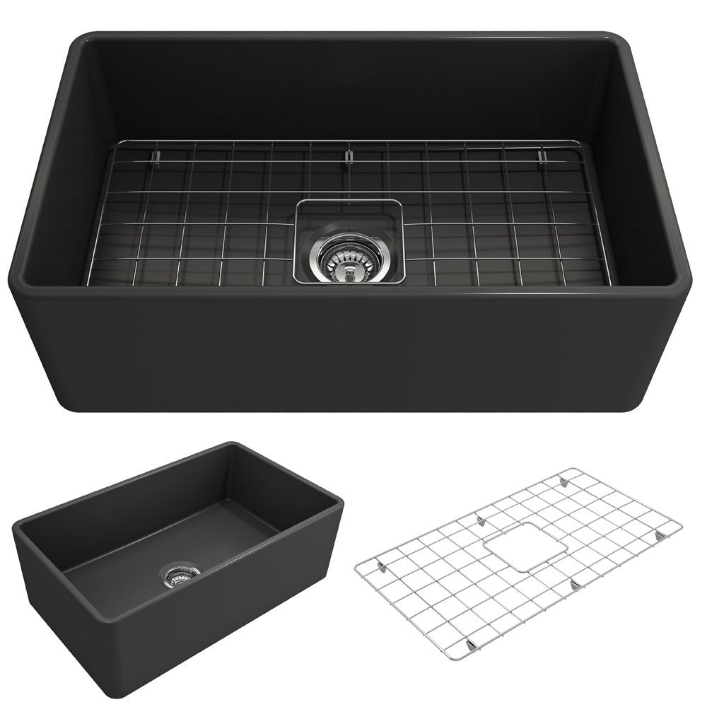 Classico Farmhouse Apron Front Fireclay 30 in. Single Bowl Kitchen Sink with Protective Bottom Grid and Strainer 1138