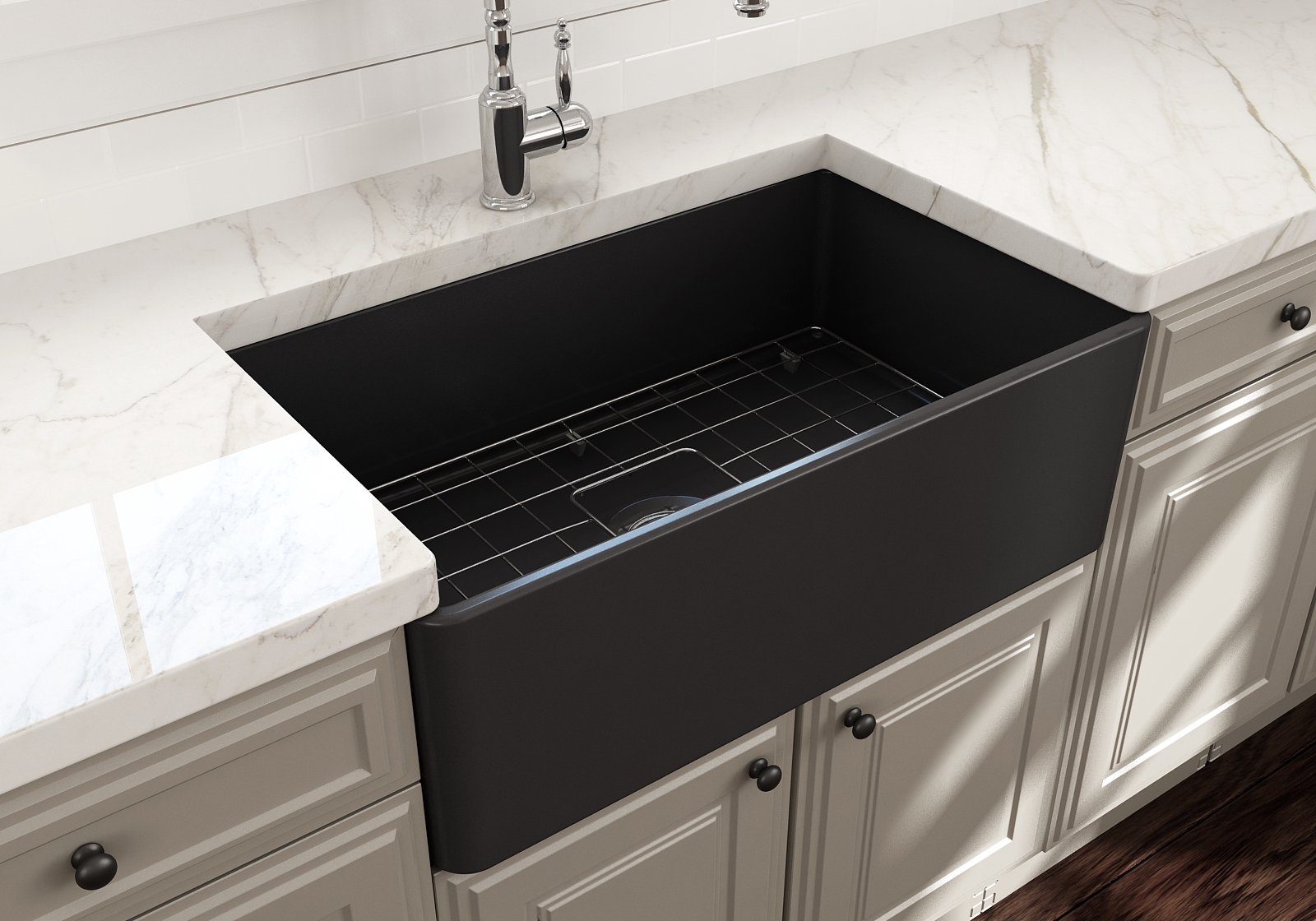 Classico Farmhouse Apron Front Fireclay 30 in. Single Bowl Kitchen Sink with Protective Bottom Grid and Strainer 1138