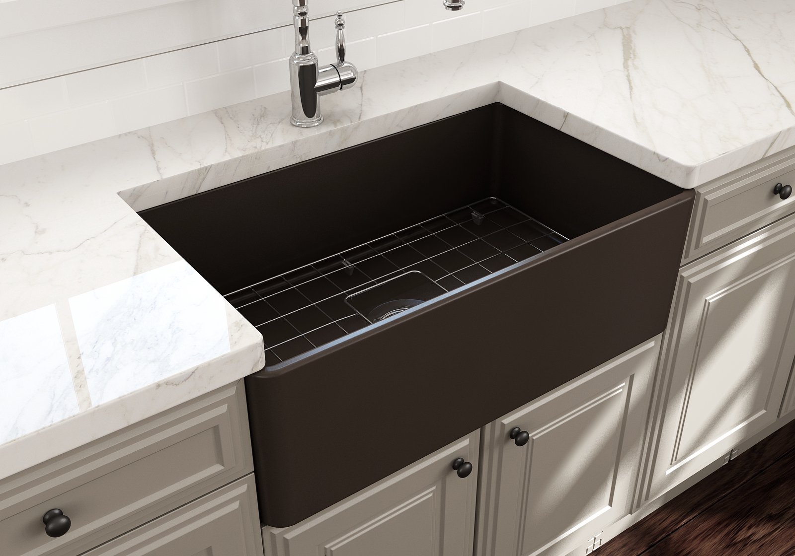 Classico Farmhouse Apron Front Fireclay 30 in. Single Bowl Kitchen Sink with Protective Bottom Grid and Strainer 1138