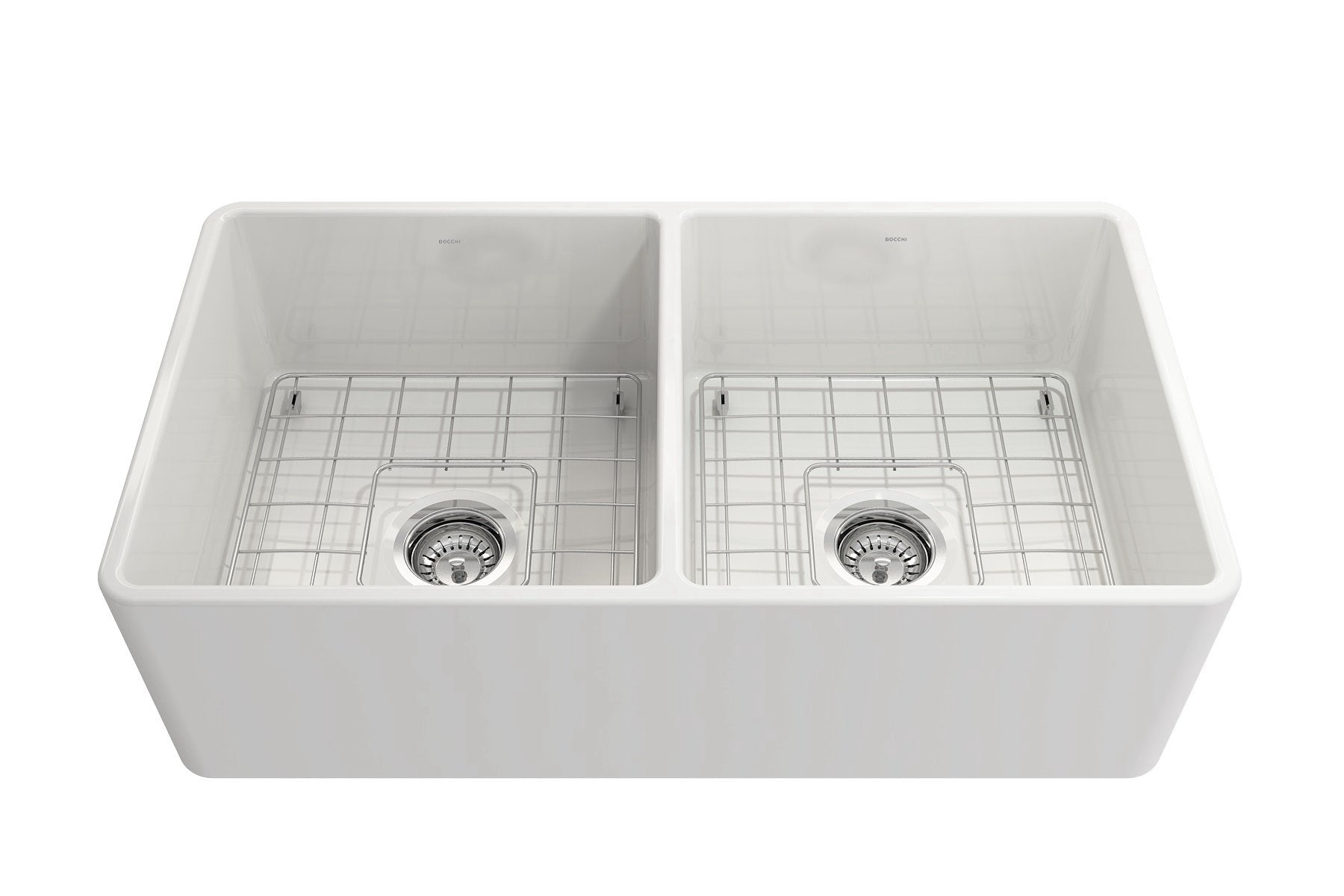 Classico Farmhouse Apron Front Fireclay 33 in. Double Bowl Kitchen Sink with Protective Bottom Grids and Strainers 1139