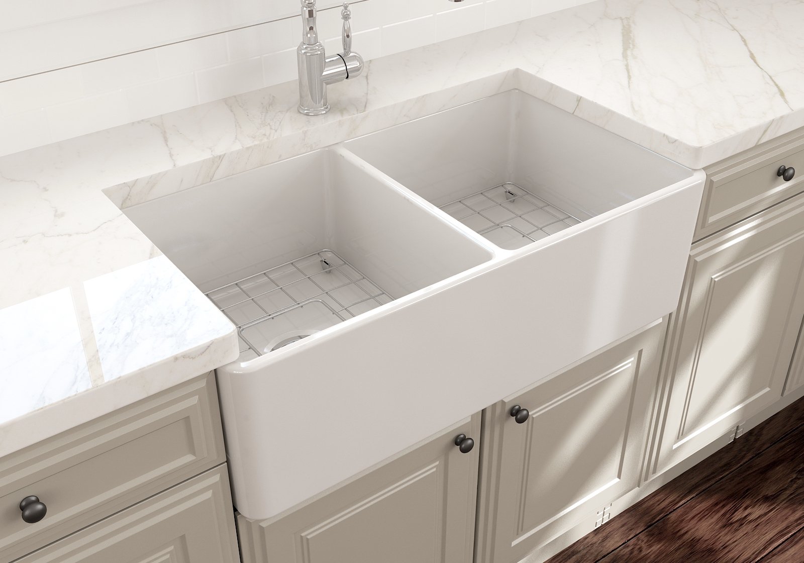 Classico Farmhouse Apron Front Fireclay 33 in. Double Bowl Kitchen Sink with Protective Bottom Grids and Strainers 1139