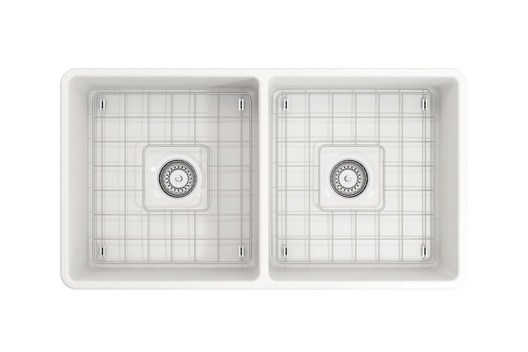 Classico Farmhouse Apron Front Fireclay 33 in. Double Bowl Kitchen Sink with Protective Bottom Grids and Strainers 1139