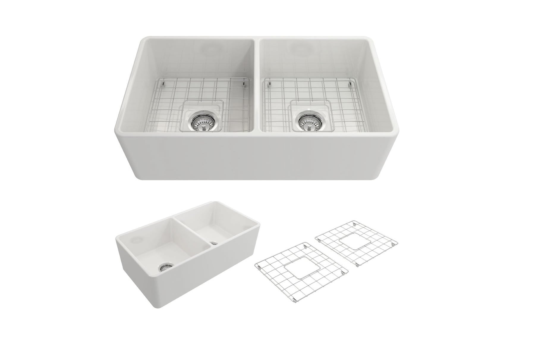Classico Farmhouse Apron Front Fireclay 33 in. Double Bowl Kitchen Sink with Protective Bottom Grids and Strainers 1139