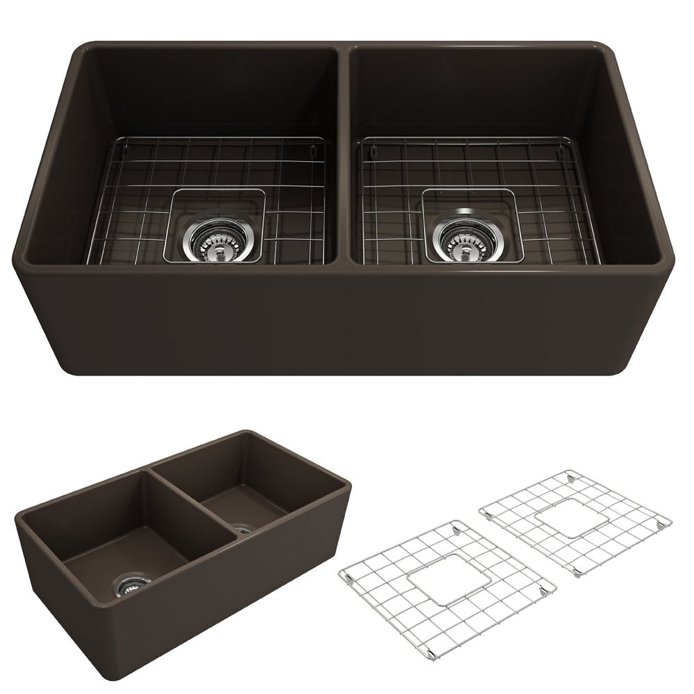 Classico Farmhouse Apron Front Fireclay 33 in. Double Bowl Kitchen Sink with Protective Bottom Grids and Strainers 1139