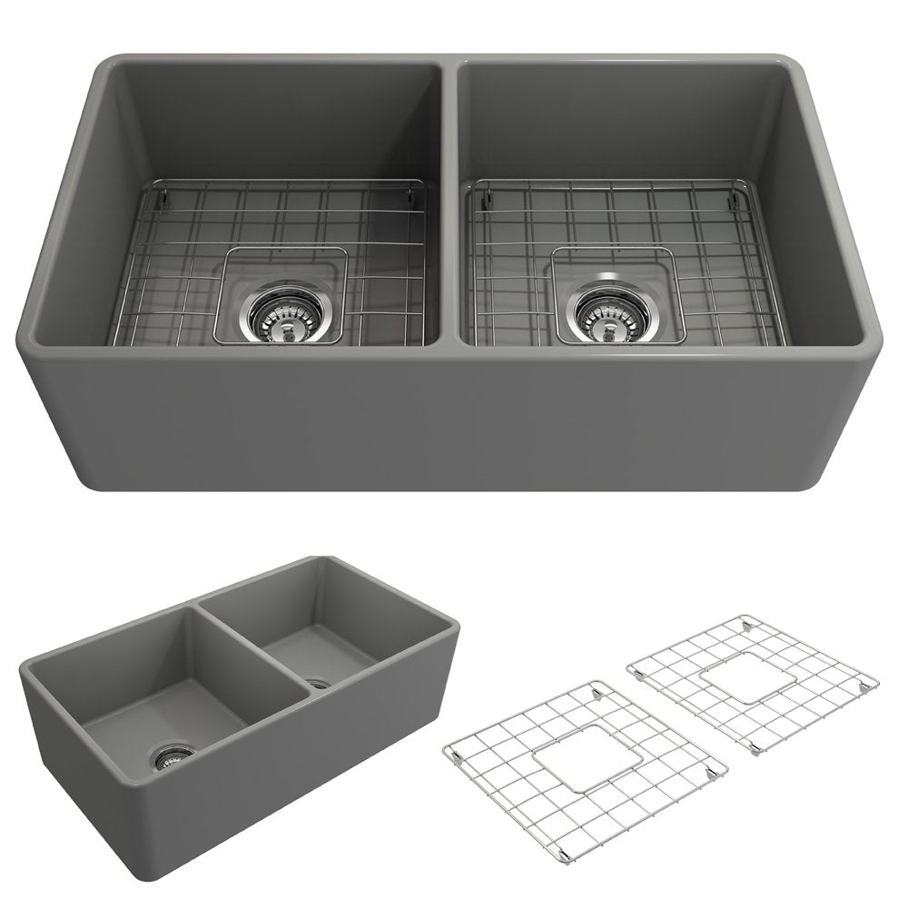 Classico Farmhouse Apron Front Fireclay 33 in. Double Bowl Kitchen Sink with Protective Bottom Grids and Strainers 1139