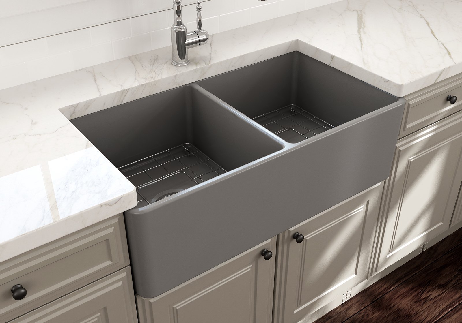 Classico Farmhouse Apron Front Fireclay 33 in. Double Bowl Kitchen Sink with Protective Bottom Grids and Strainers 1139