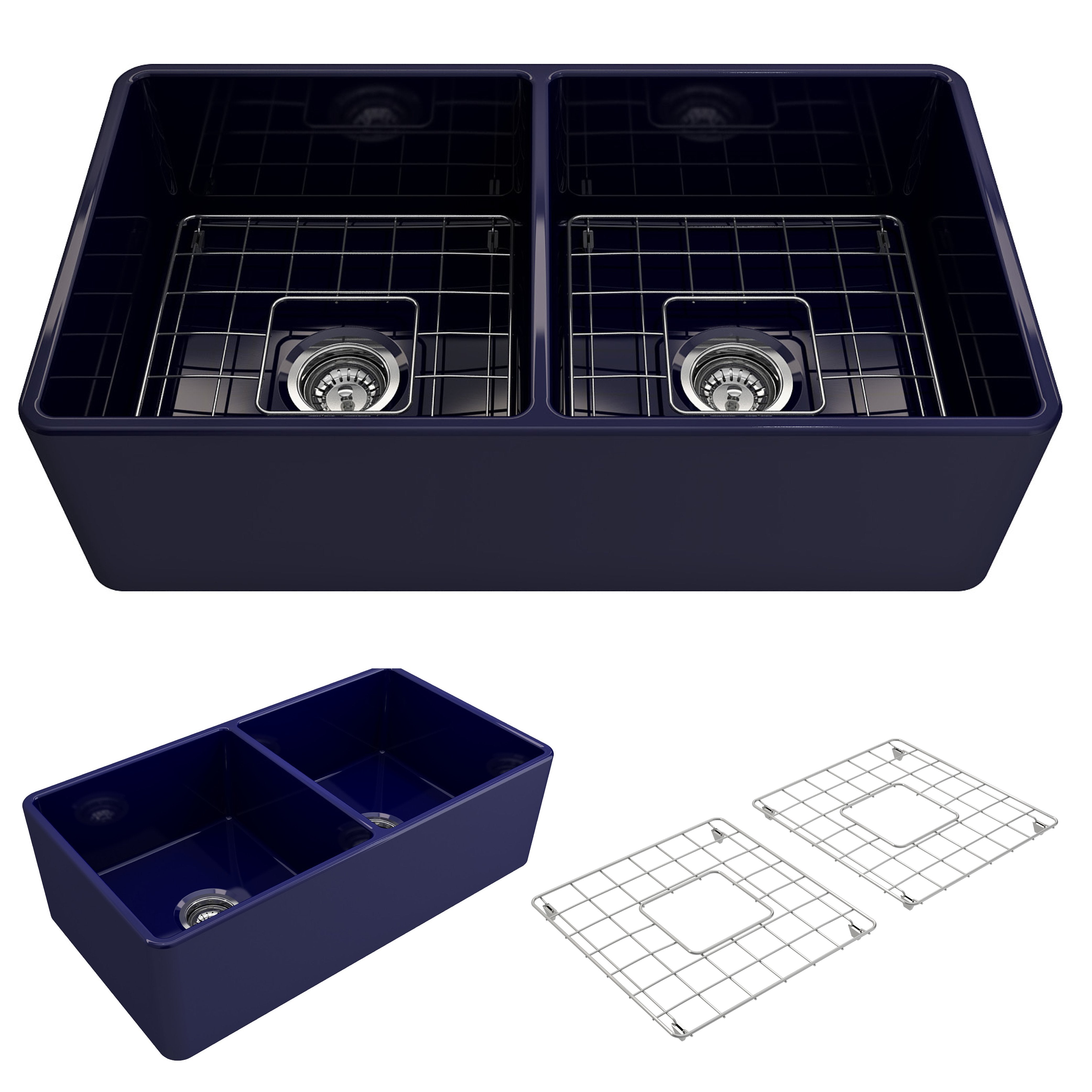 Classico Farmhouse Apron Front Fireclay 33 in. Double Bowl Kitchen Sink with Protective Bottom Grids and Strainers 1139