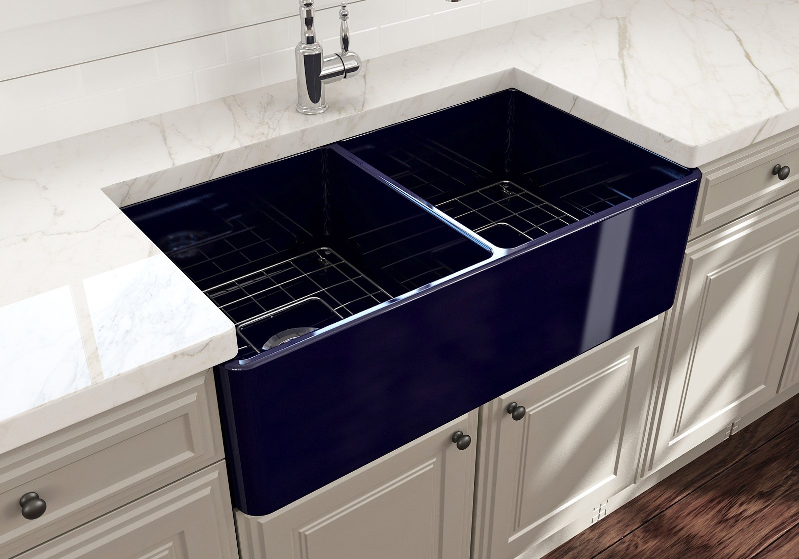 Classico Farmhouse Apron Front Fireclay 33 in. Double Bowl Kitchen Sink with Protective Bottom Grids and Strainers 1139