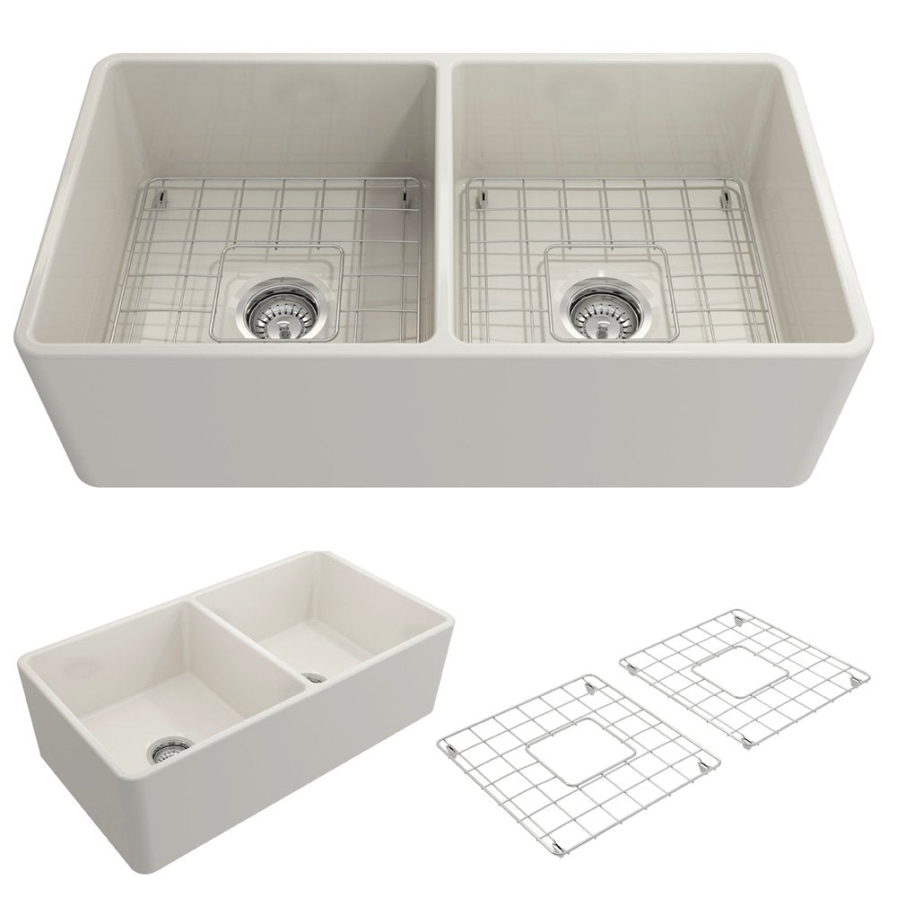Classico Farmhouse Apron Front Fireclay 33 in. Double Bowl Kitchen Sink with Protective Bottom Grids and Strainers 1139