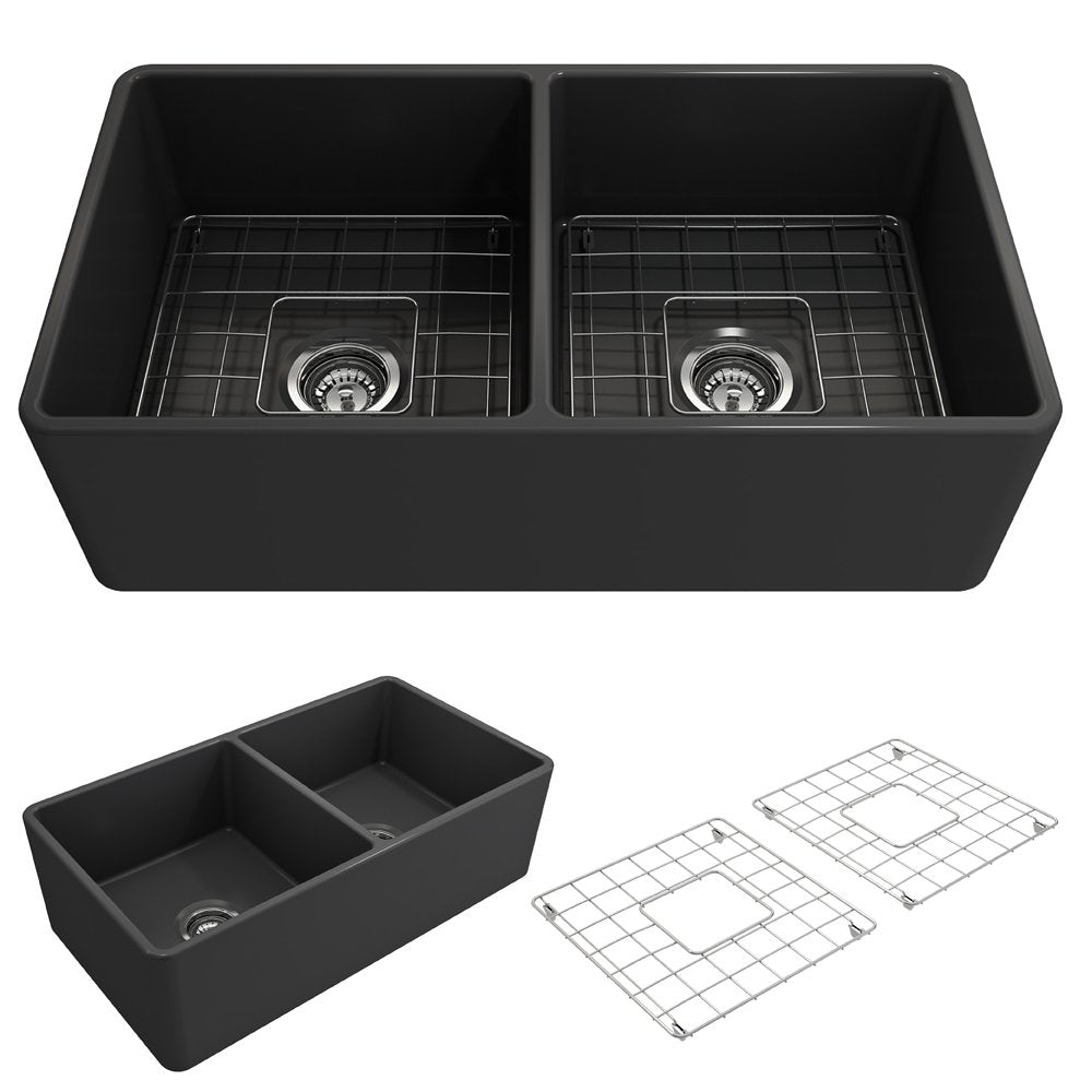 Classico Farmhouse Apron Front Fireclay 33 in. Double Bowl Kitchen Sink with Protective Bottom Grids and Strainers 1139