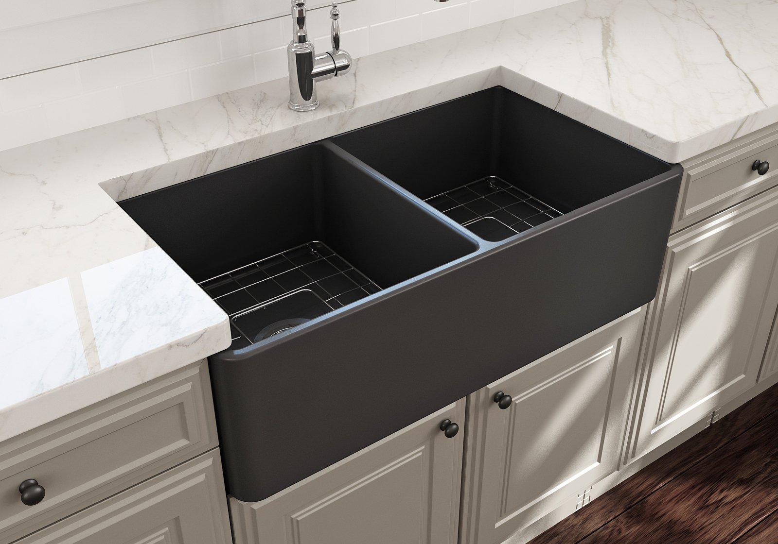 Classico Farmhouse Apron Front Fireclay 33 in. Double Bowl Kitchen Sink with Protective Bottom Grids and Strainers 1139
