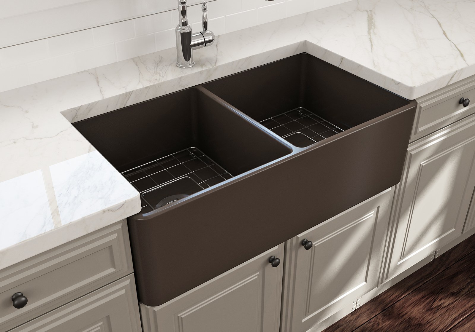 Classico Farmhouse Apron Front Fireclay 33 in. Double Bowl Kitchen Sink with Protective Bottom Grids and Strainers 1139