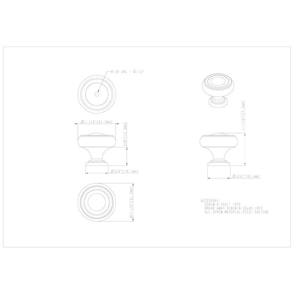 1-1/4" Diameter Satin Nickel Bremen 1 Cabinet Knob