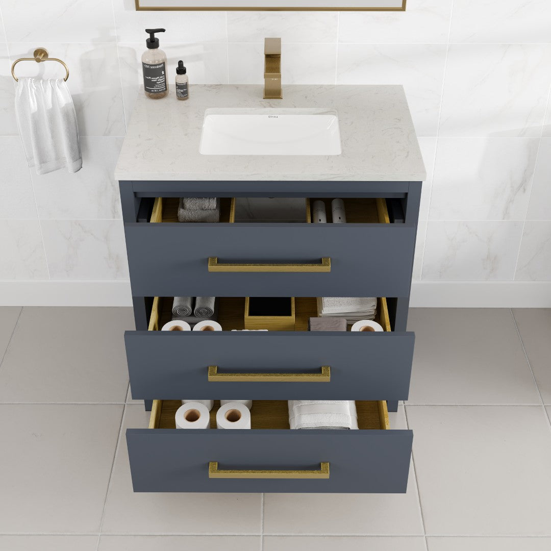Eviva Curio Bath Vanity with Carrara Quartz Top and Undermount Porcelain Sink (24"-60")
