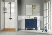 Ashley 36" Navy Blue Bathroom Vanity with Quartz Top & Gold Hardware