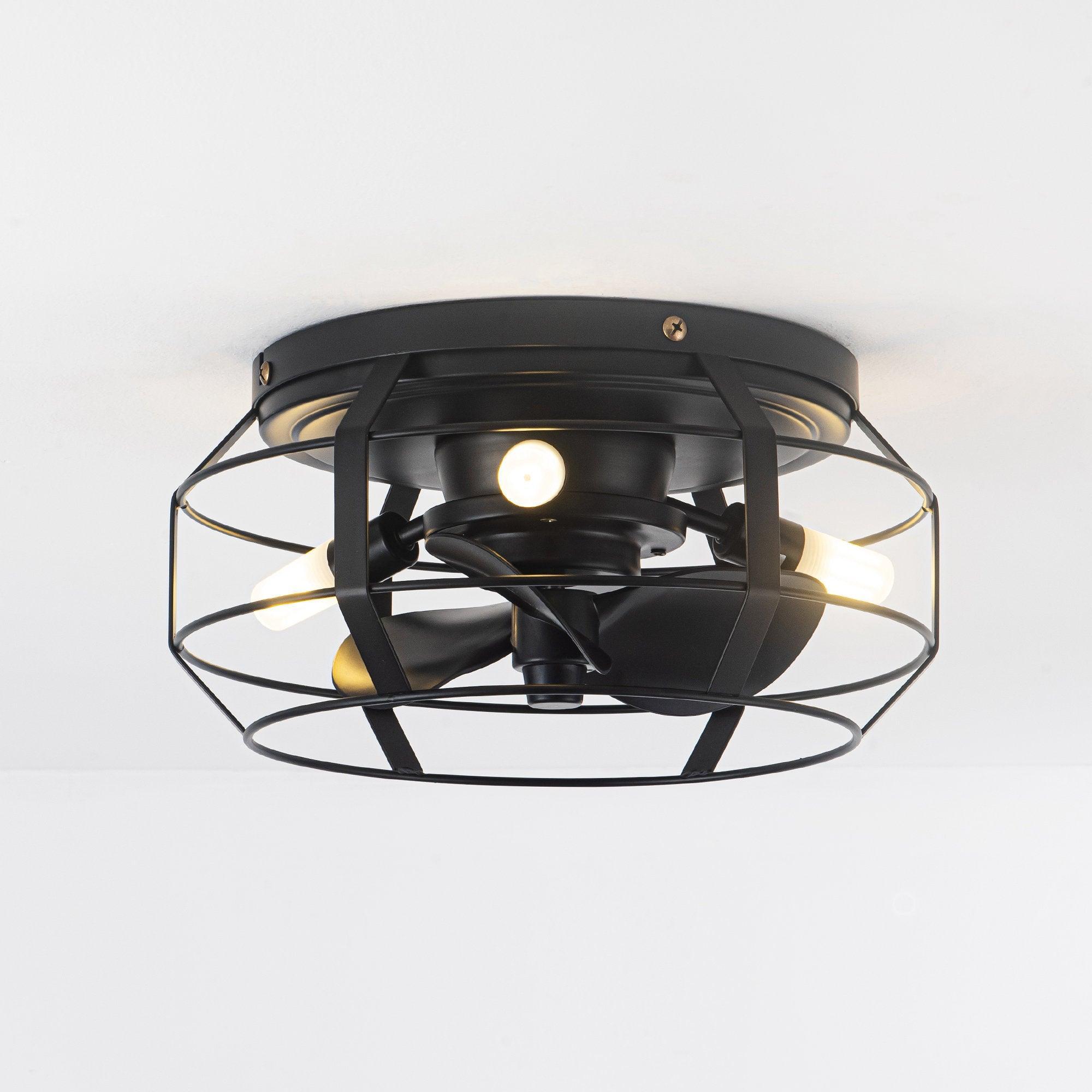 12" Flush Mount Low Profile Caged Small Ceiling Fan with Light and Remote Control