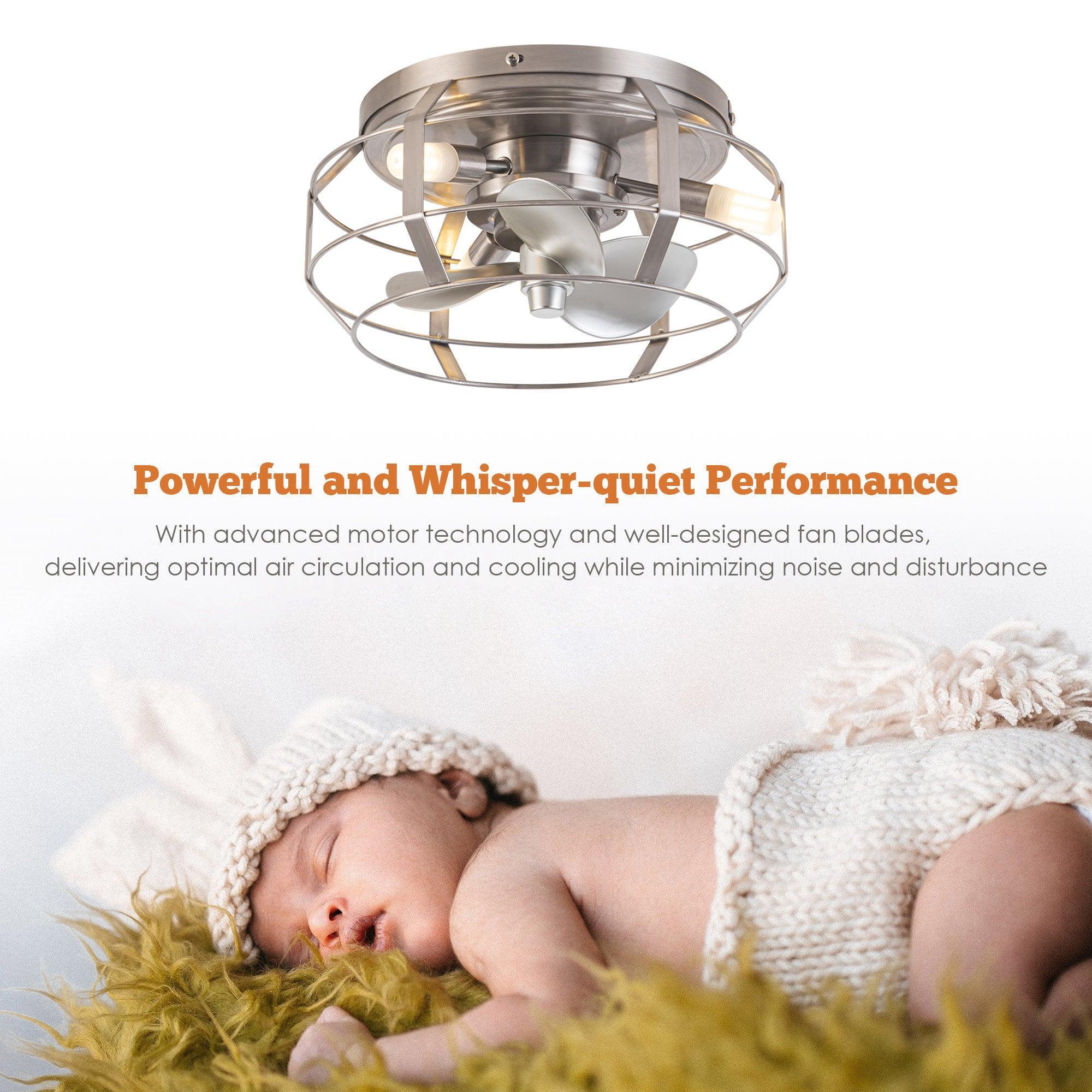 12" Flush Mount Low Profile Caged Small Ceiling Fan with Light and Remote Control