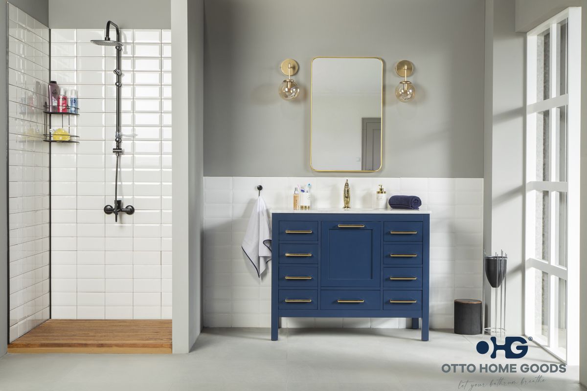 Ashley 42" Navy Blue Bathroom Vanity with Quartz Top & Gold Hardware