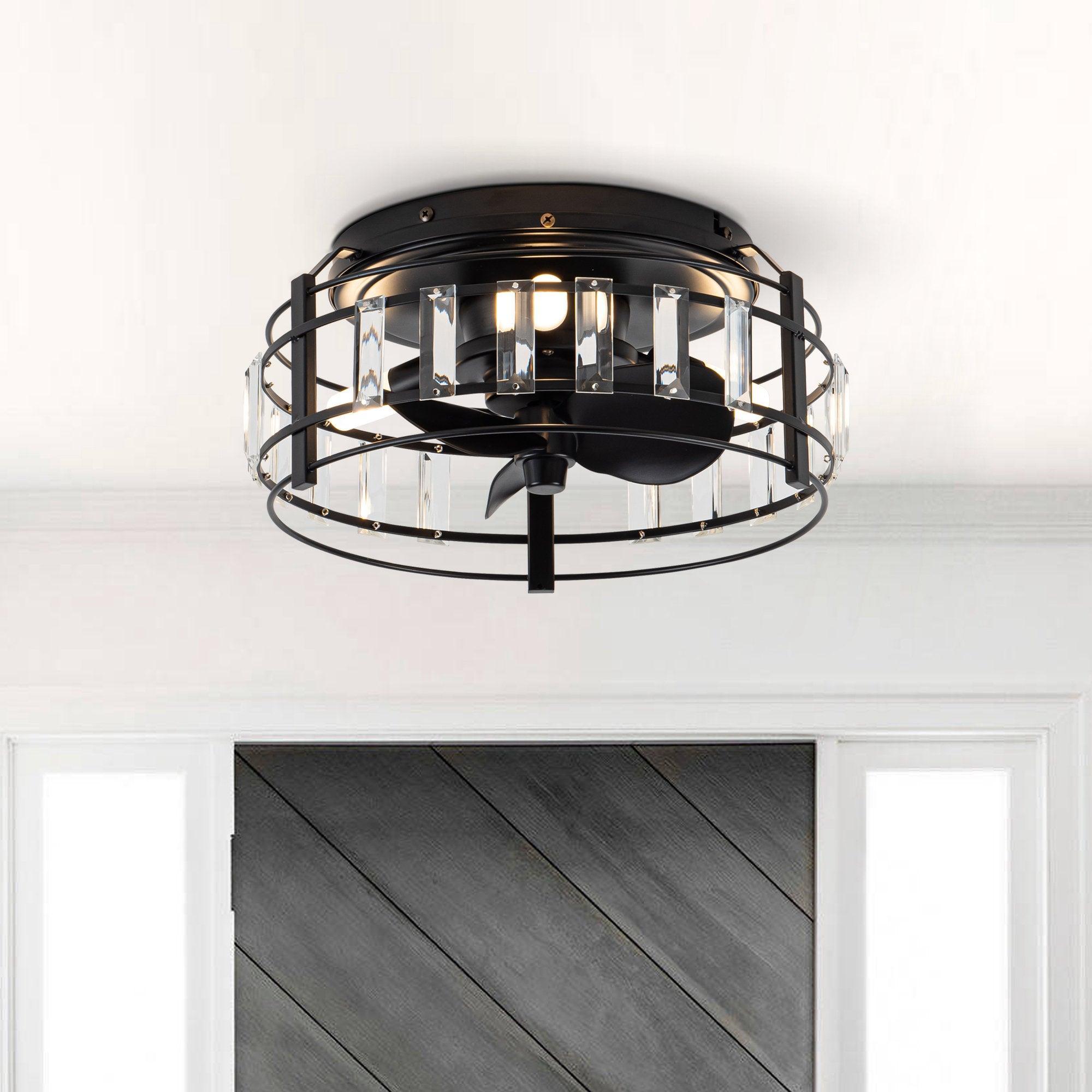 13" Modern DC Motor Flush Mount Reversible Crystal Ceiling Fan with Lighting and Remote Control