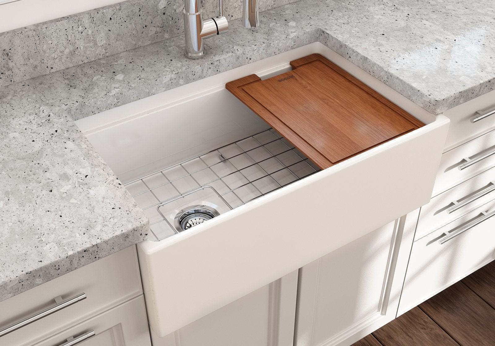 Contempo Step-Rim Apron Front Fireclay 30 in. Single Bowl Kitchen Sink with Integrated Work Station & Accessories 1344