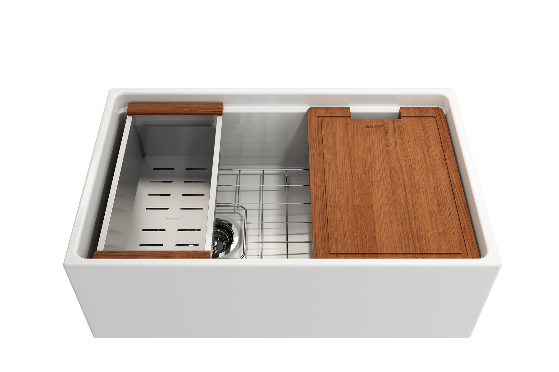 Contempo Step-Rim Apron Front Fireclay 30 in. Single Bowl Kitchen Sink with Integrated Work Station & Accessories 1344