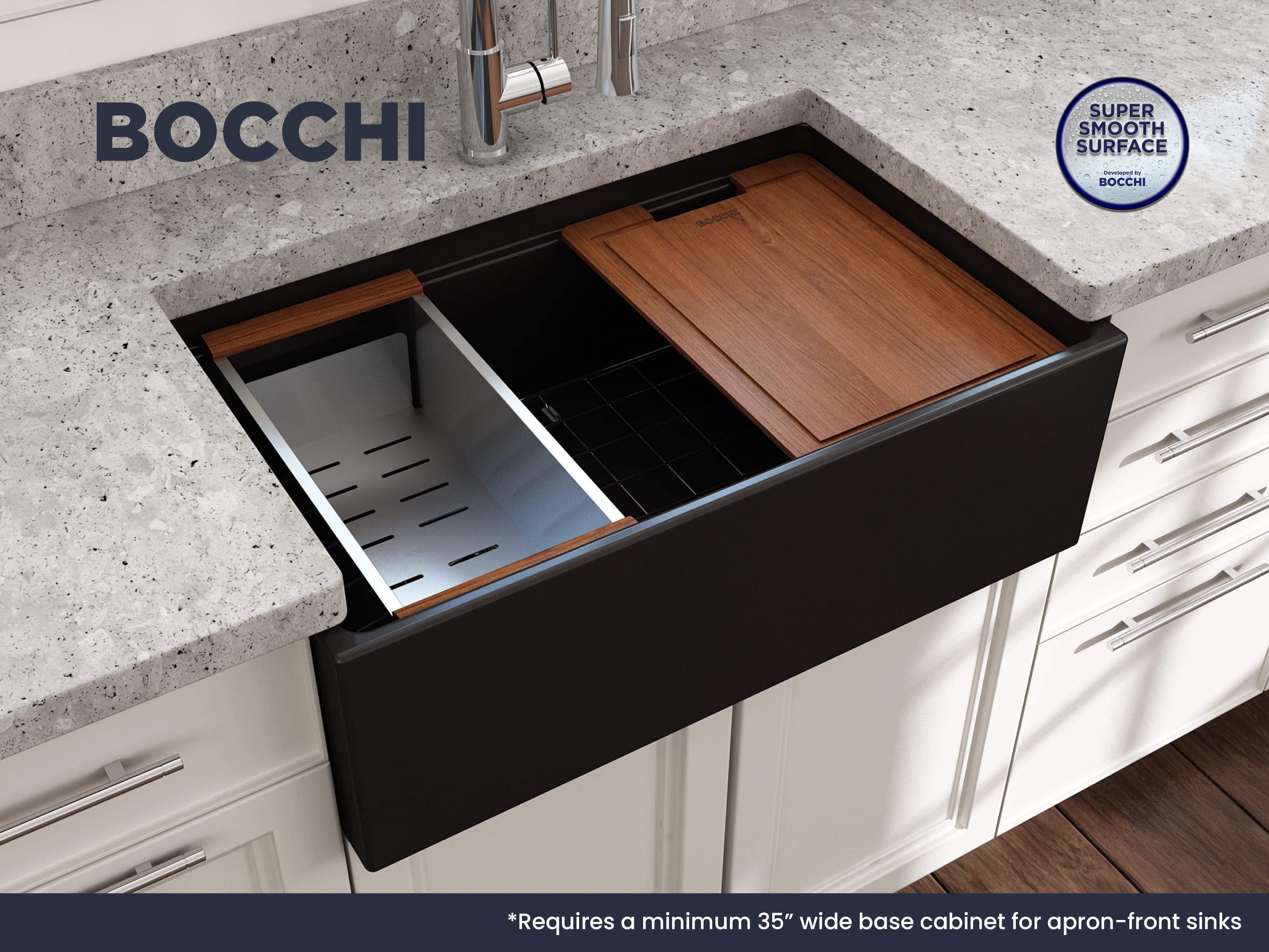 Contempo Step-Rim Apron Front Fireclay 30 in. Single Bowl Kitchen Sink with Integrated Work Station & Accessories 1344