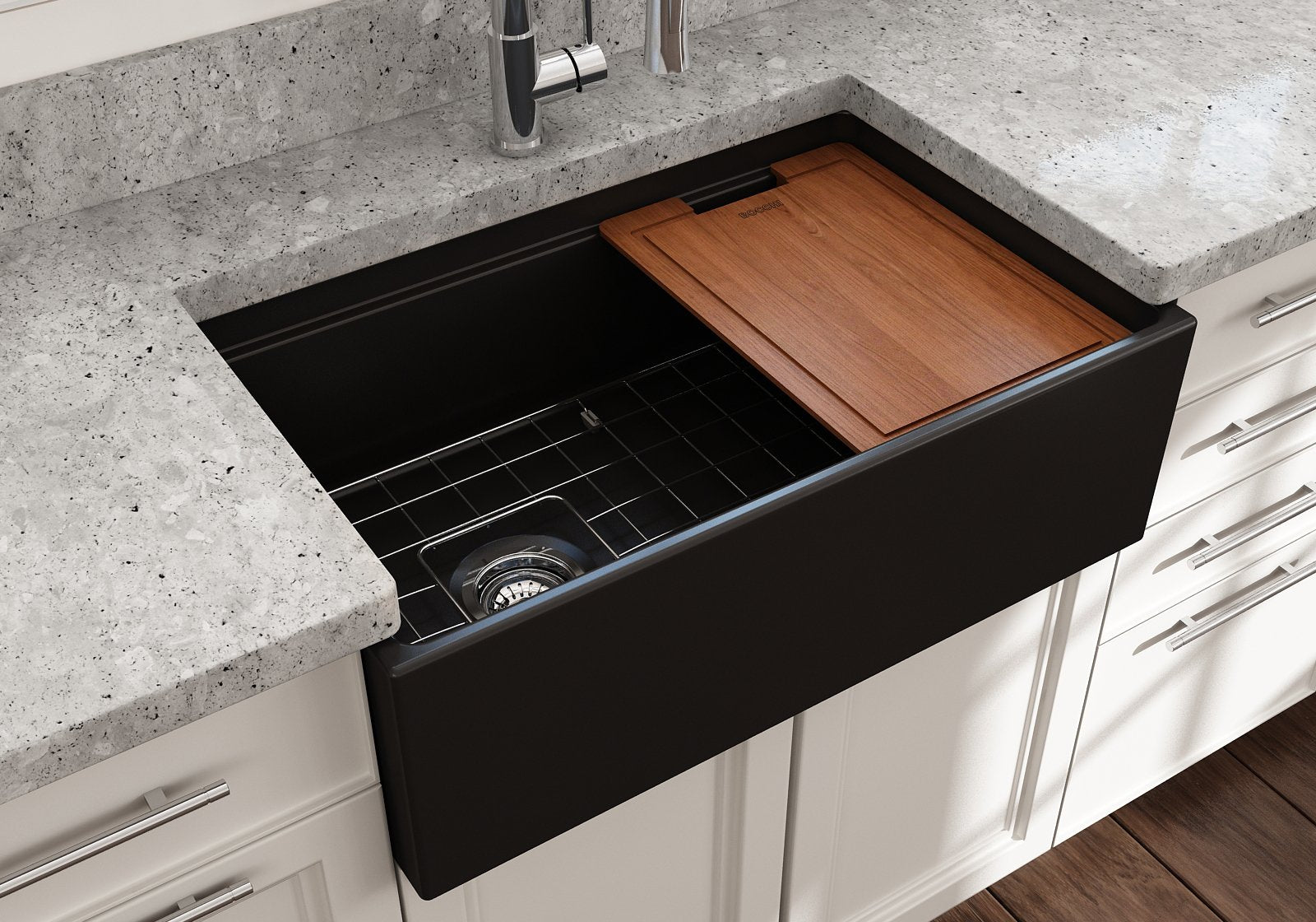 Contempo Step-Rim Apron Front Fireclay 30 in. Single Bowl Kitchen Sink with Integrated Work Station & Accessories 1344