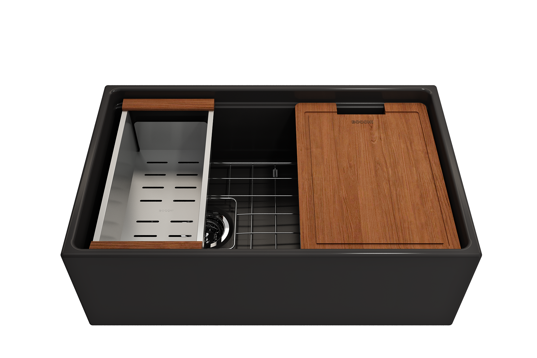 Contempo Step-Rim Apron Front Fireclay 30 in. Single Bowl Kitchen Sink with Integrated Work Station & Accessories 1344