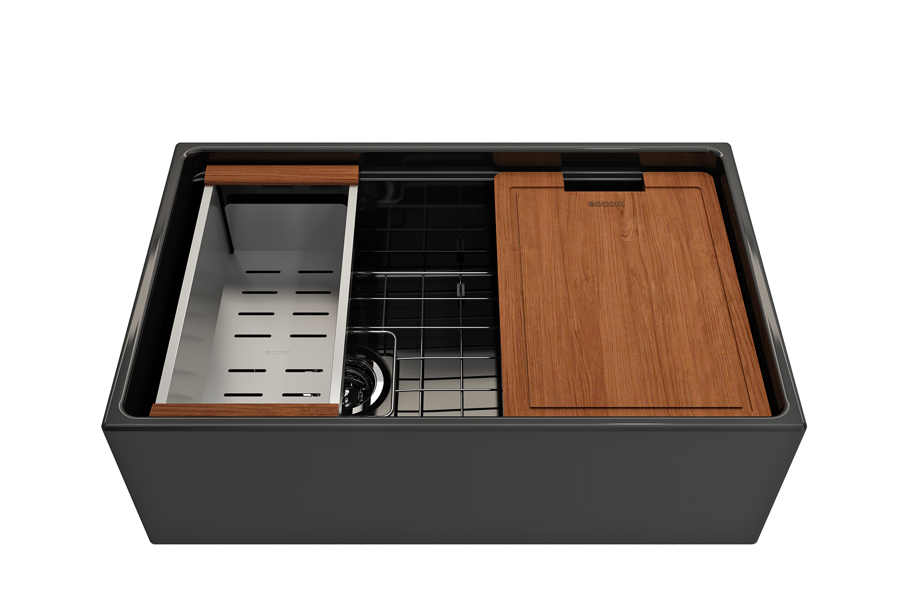 Contempo Step-Rim Apron Front Fireclay 30 in. Single Bowl Kitchen Sink with Integrated Work Station & Accessories 1344