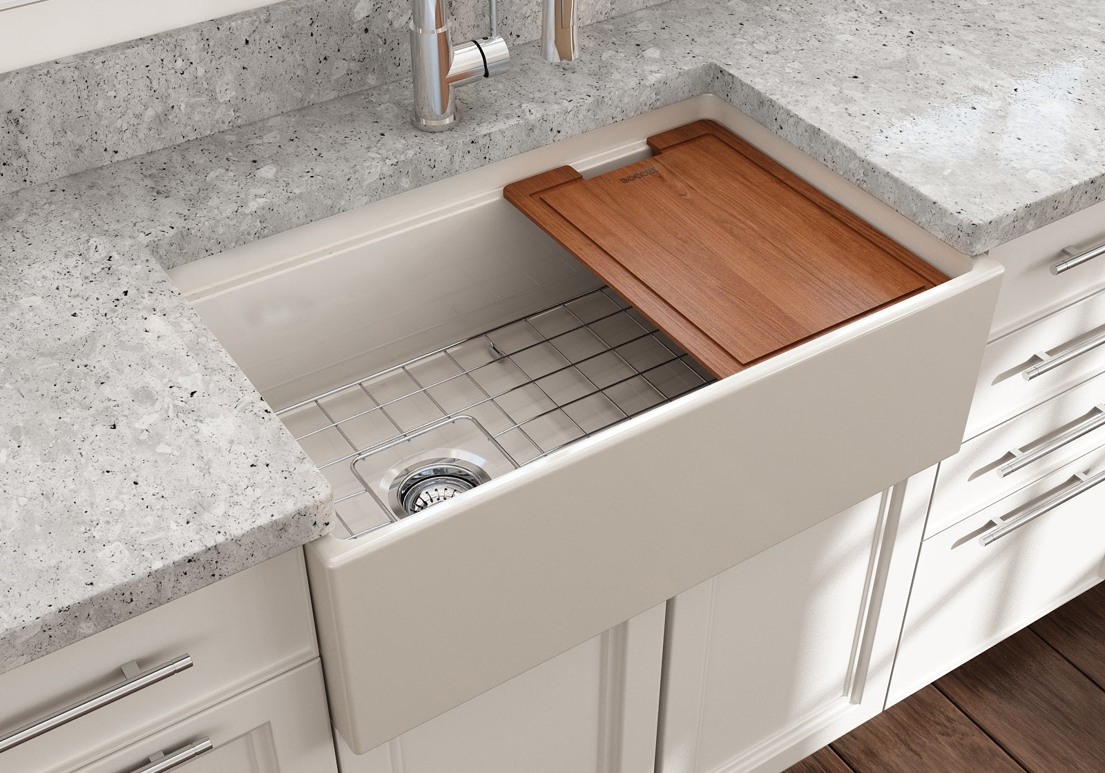 Contempo Step-Rim Apron Front Fireclay 30 in. Single Bowl Kitchen Sink with Integrated Work Station & Accessories 1344