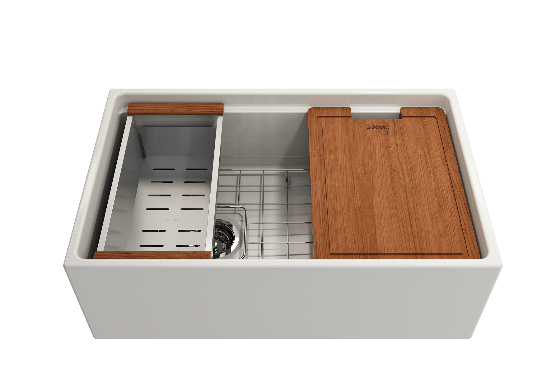 Contempo Step-Rim Apron Front Fireclay 30 in. Single Bowl Kitchen Sink with Integrated Work Station & Accessories 1344