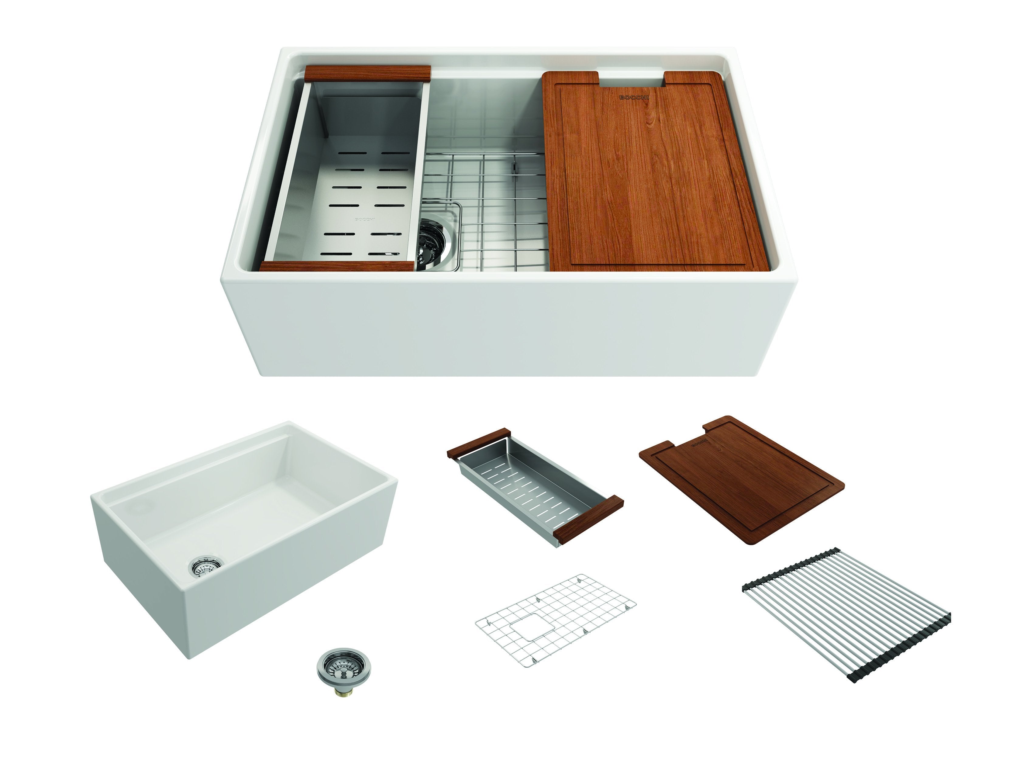 Contempo Step-Rim Apron Front Fireclay 30 in. Single Bowl Kitchen Sink with Integrated Work Station & Accessories 1344