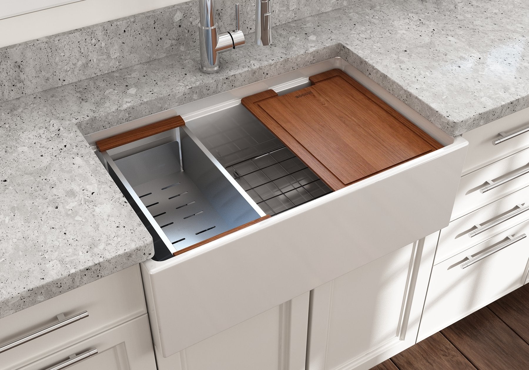Contempo Step-Rim Apron Front Fireclay 30 in. Single Bowl Kitchen Sink with Integrated Work Station & Accessories 1344