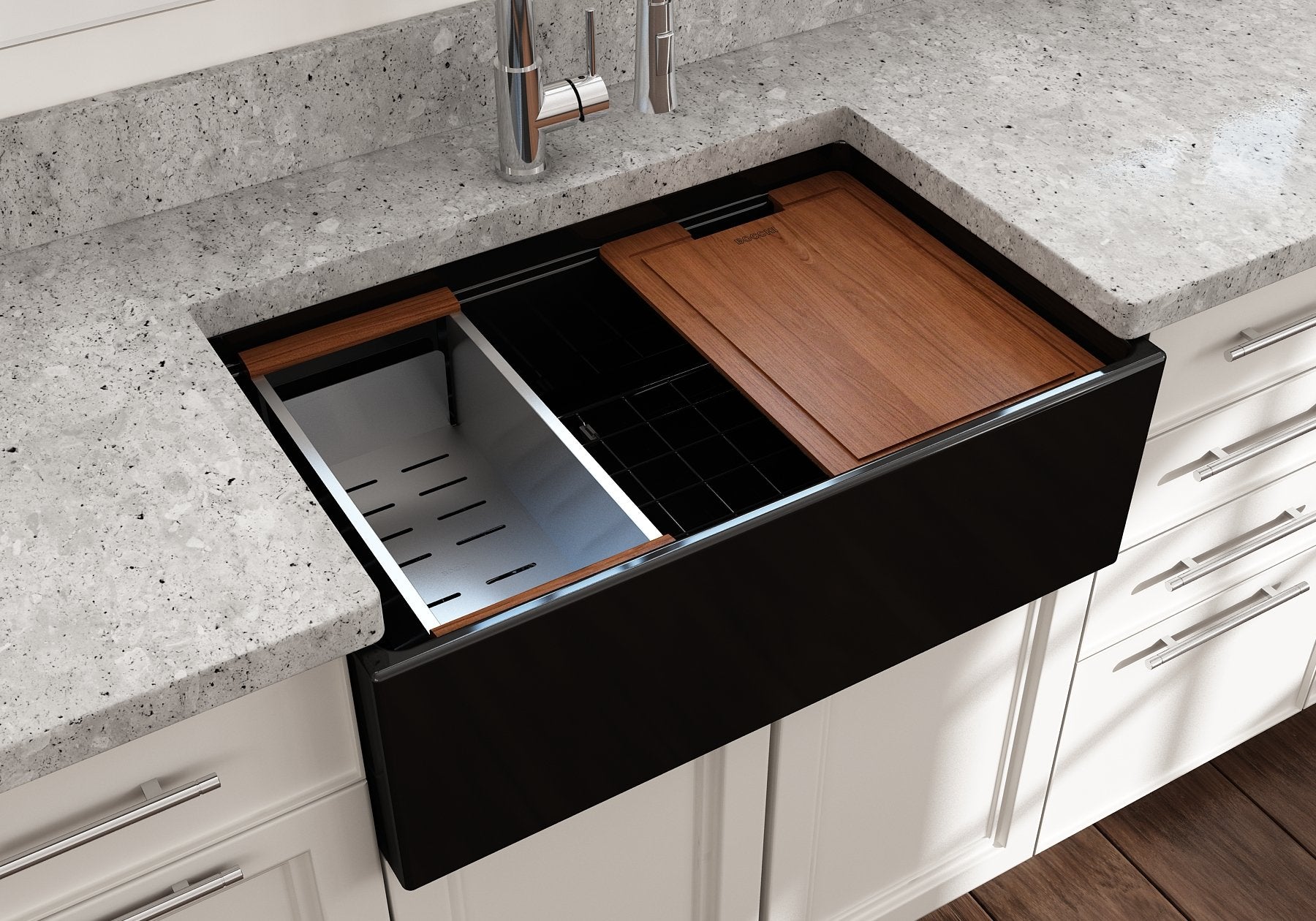 Contempo Step-Rim Apron Front Fireclay 30 in. Single Bowl Kitchen Sink with Integrated Work Station & Accessories 1344