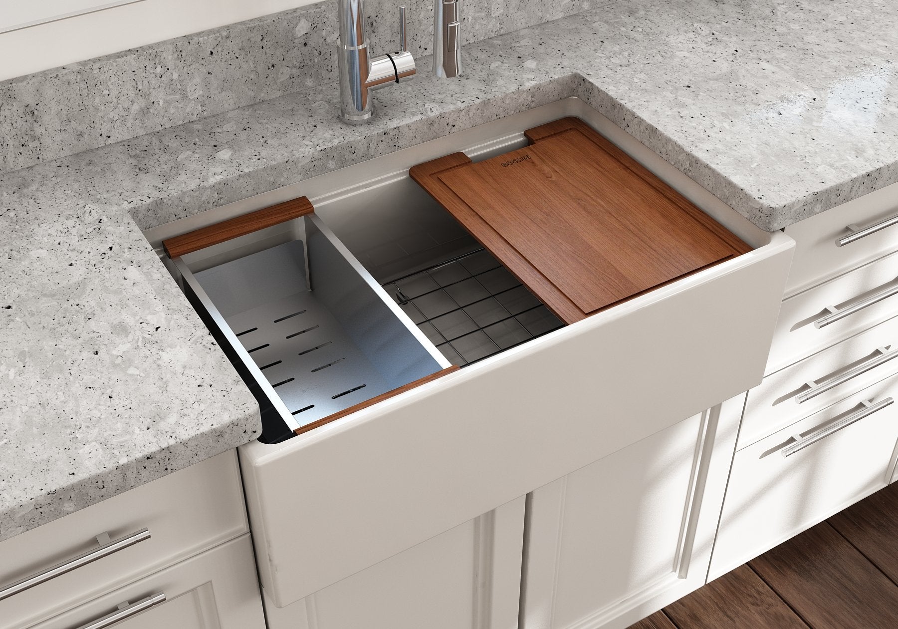 Contempo Step-Rim Apron Front Fireclay 30 in. Single Bowl Kitchen Sink with Integrated Work Station & Accessories 1344