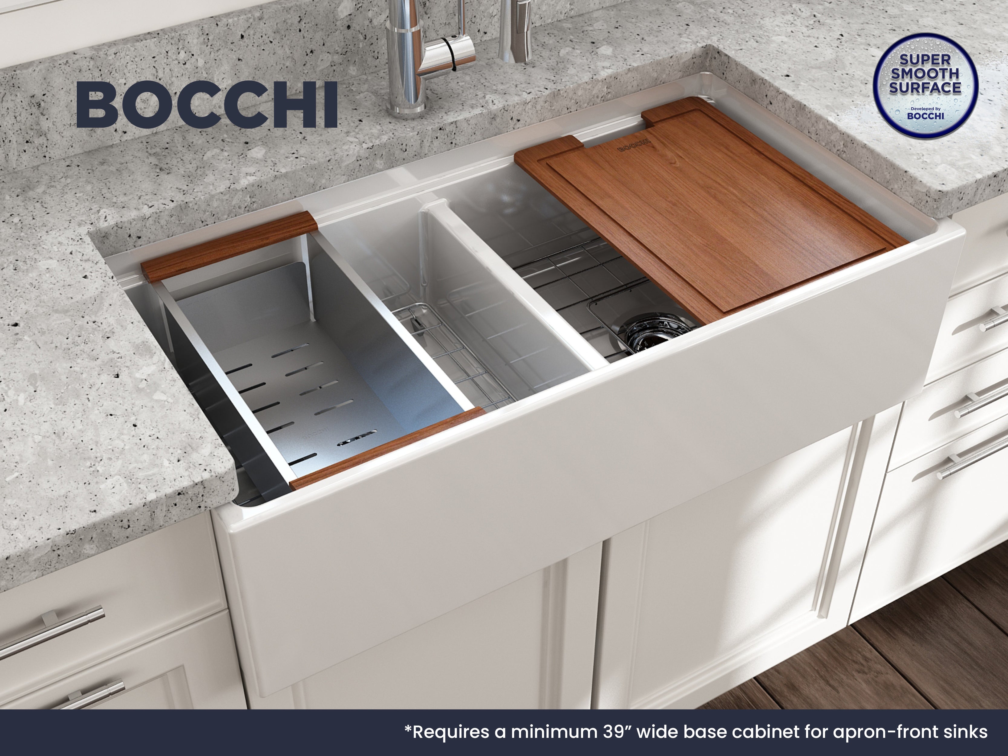Contempo Step-Rim Apron Front Fireclay 36 in. Double Bowl Kitchen Sink with Integrated Work Station & Accessories 1348